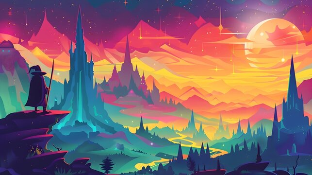 Fantastical Ethereal Wandering Wizard s Mystical Retro Travel Poster of Colorful Surreal Mountainous Landscape Dreamscape with Towering Castles