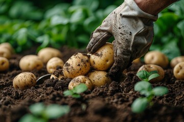 Close-up of hands with soil gathering potatoes, illustrating the hands-on aspect of farming