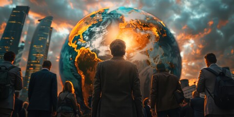 Fototapeta premium The photo shows a group of people looking up at a glowing globe of the Earth.