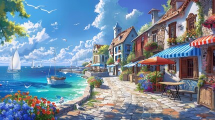 A charming seaside town with cobblestone streets, quaint cottages, and colorful umbrellas overlooking the sea. outdoor cafe on the beach and seagulls