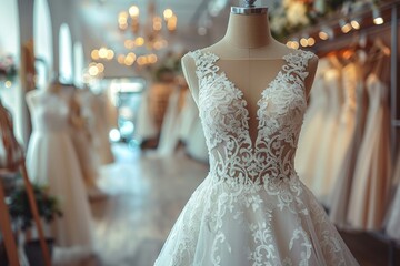 A sophisticated bridal gown featuring intricate lace patterns is showcased in a wedding dress shop