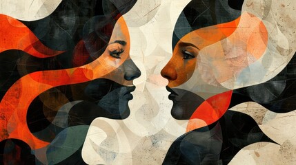 Two human face in profile, painted in warm colors, facing each other on textured background.