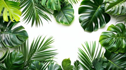 Green leaves of different tropical plants on white background. Flat lay, top view.