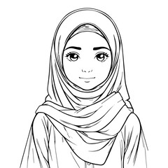 Cute Hijab Girl Outline Hand Drawn