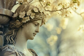 Classic statue adorned with fresh spring blooms, exuding serene beauty in a sunlit garden - Powered by Adobe