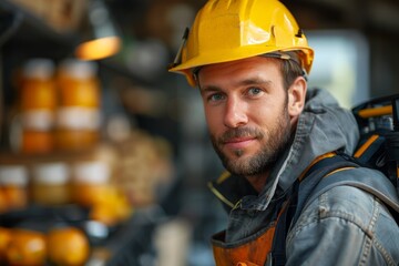 Smiling construction worker with safety helmet and gear posing at an industrial site
