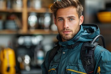 A young adventurous man wearing a rugged outdoor jacket and backpack, looking at the camera
