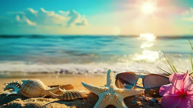 Sunny tropical beach with turquoise water, summer holidays vacation background, seashells in sand, palm tree on the beach