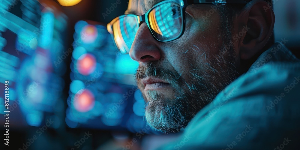 Aufkleber a man wearing glasses is looking at computer screens full of data and code.