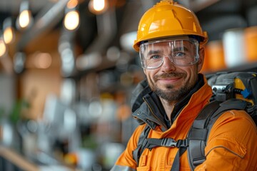 A friendly technician with a safety helmet and protective gear in an industrial setting