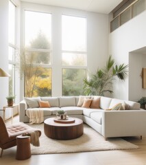 Modern living room interior with white walls, big window and modern furniture.