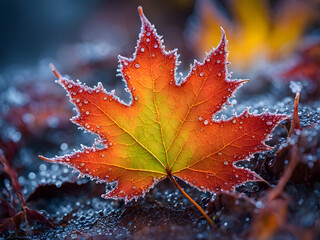 macro close up frozen a red maple leaf