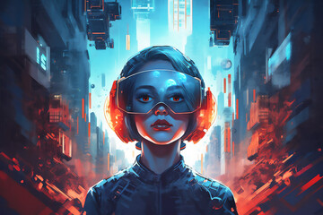 Teenage figure stands on an alien landscape, gazing at towering skyscrapers, a glimpse into an otherworldly or futuristic Earth.