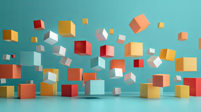 Colorful 3D cubes floating in the air on a blue background.