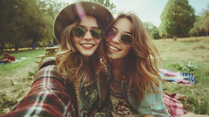 Fototapeta premium Best pals capturing a selfie during a charming countryside picnic Celebrating the essence of friendship and embracing the joy of youth and cutting edge technology trends Sporting a vintage f