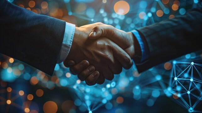 Business handshake on technology background. - Powered by Adobe