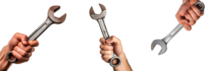 A set of mechanic's hand holds a wrench on a white or transparent background. Metal wrench in the hand of a plumber, close-up. Repair and construction.