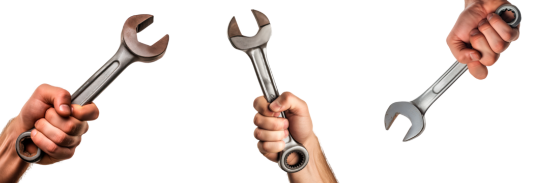 A set of mechanic's hand holds a wrench on a white or transparent background. Metal wrench in the hand of a plumber, close-up. Repair and construction.