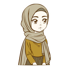 Cute Hijab Girl Outline Hand Drawn