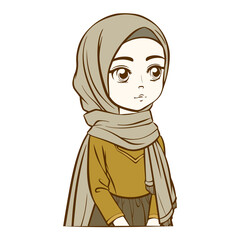 Cute Hijab Girl Outline Hand Drawn
