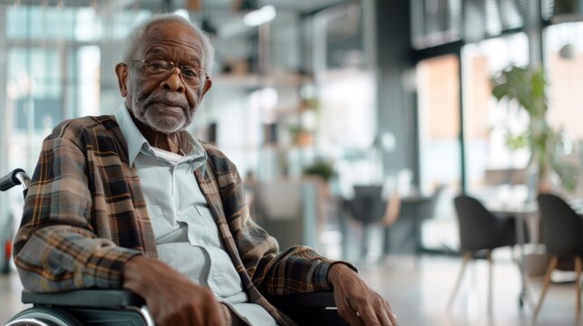 Elderly Man in Wheelchair Indoors - Powered by Adobe