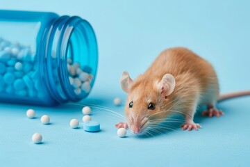 A brown rat eating pills next to a bottle.