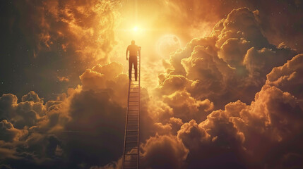 Fototapeta premium A man climbing the ladder to reach his star in sky, dreamy atmosphere, fantasy world, bright light from behind the clouds