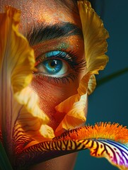 Striking macro of an eye enhanced with golden shimmering makeup and vibrant orange flower petals, creating a dramatic and artistic visual effect.