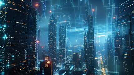 futuristic city buildings with digital technology elements smart city concept 3d illustration