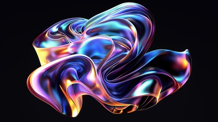 Fototapeta na wymiar Fluid shape with holographic colors on a black background, a liquid abstract Colorful wavy glossy surfaces with iridescent reflections.