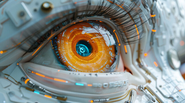 Futuristic, robot eye and programming for artificial life form, evolution and vision technology. Abstract, sight and advanced mechatronic to see internet for knowledge, growth and machine learning