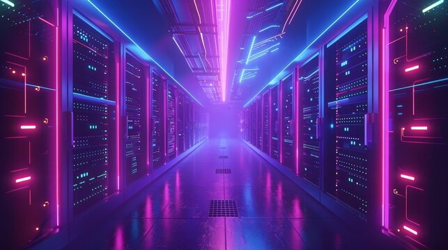 futuristic 3d render of sleek modern computer data center with glowing neon lights and hightech server racks scifi digital illustration