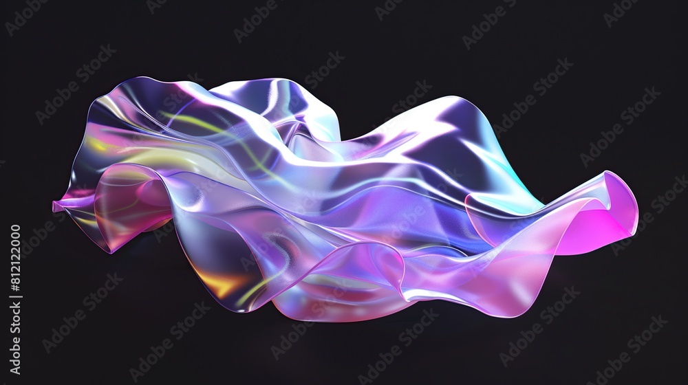 Sticker Twisted shape 3D render. Colorful glossy shapes in motion on a black background.