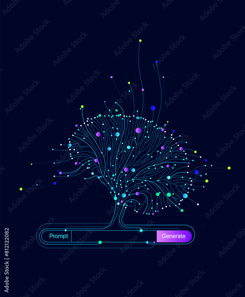 Poster illustration of abstract stream. artificial intelligence. big data, technology, ai, data transfer, d