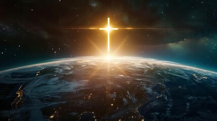 glowing cross rising above earth globe global christian mission concept digital illustration