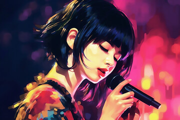 Poster of young asian female singer singing into microphone on red and black background.