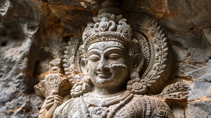 Obraz premium Brahma's figure carved into a cave wall, illustrating ancient religious art and devotion