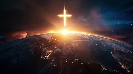 glowing cross rising above earth globe global christian mission concept digital illustration