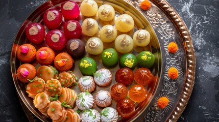 Assorted Indian sweets like gulab jamun and jalebi, colorful and tempting