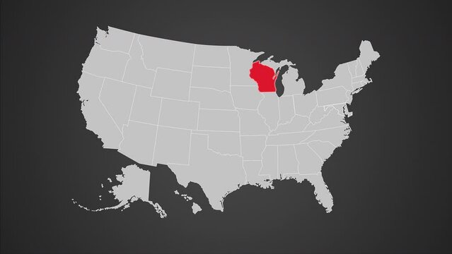Wisconsin on USA map red outline shape blinking animation