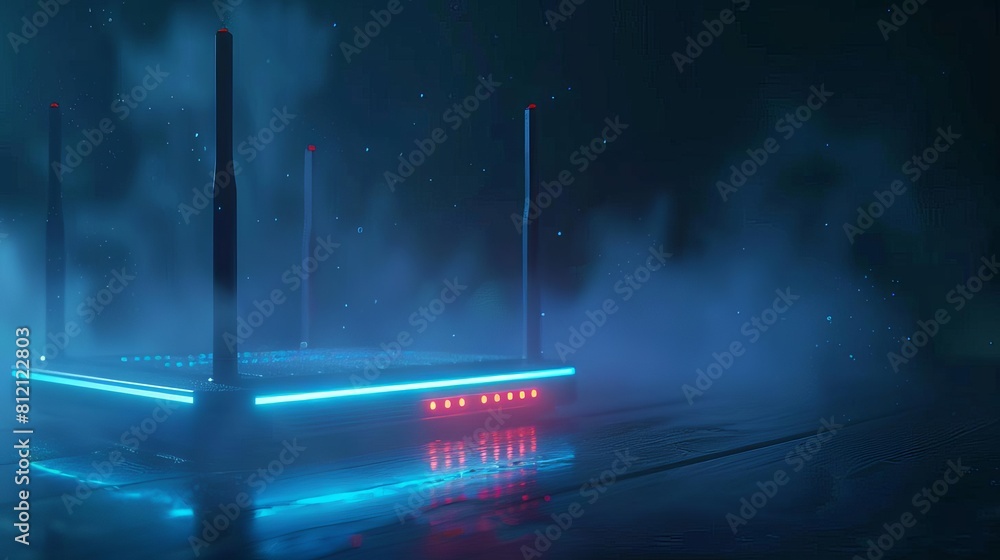 Poster hightech wireless router with glowing blue lights on dark background secure home network concept wid