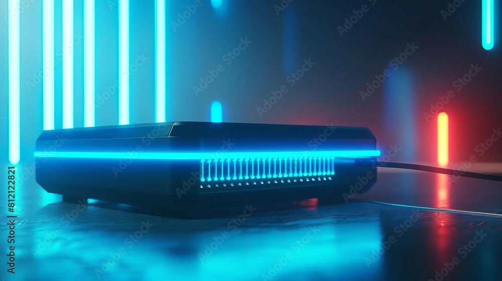 Poster hightech wireless router with glowing blue lights on dark background secure home network concept wid