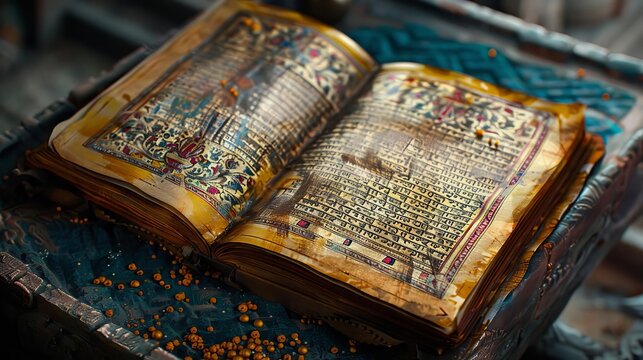 illuminated ancient hindu religious book with intricate illustrations and sanskrit text spiritual wisdom digital painting