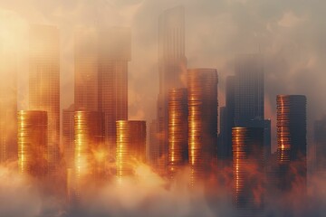 Surreal Financial Growth, Coin stacks form skyscrapers against an urban, misty skyline.