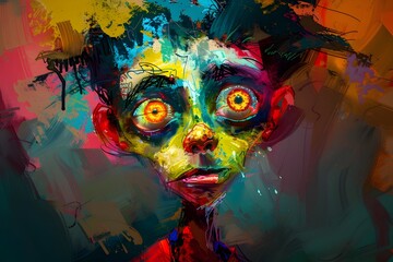 Distorted and Vibrant Cartoon Persona with Dramatic Chiaroscuro and Nightmarish Undertones