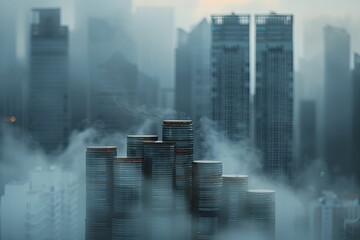 Urban Investment Mirage, Coin stacks as skyscrapers in a fog covered city, emphasizing finance