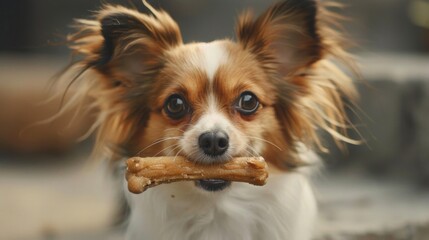A Papillon chewing on a small raw bone, highlighting the scale of the diet appropriate for smaller breeds, against a soft gray background