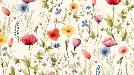 watercolour floral seamless pattern in vintage rustic style, coloured garden illustrations on ivory background,different color