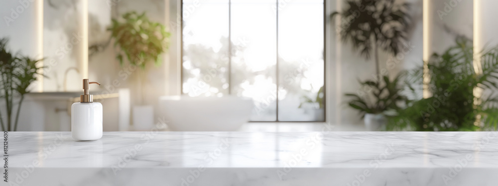 Wall mural empty marble table top for product display with blurred bathroom interior background, 3d render illu