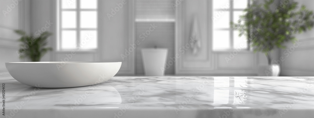 Wall mural empty marble table top for product display with blurred bathroom interior background, 3d render illu